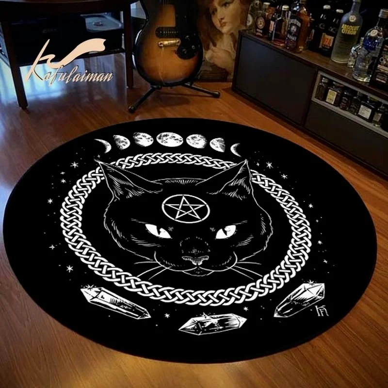 Round Rug Satanic Cat Goat Impaled Throne Area Atheist Carpet Bath Mat Black Living Room Home Decoration | Дом и сад