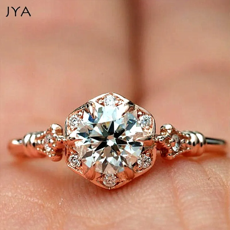rose gold JYA Love обручальные кольца для женщин, белые кольца с кубическим цирконием, роскошные ювелирные изделия из камня, модные женские аксессуары с цветком из розового золота y2019 - Цвет основного камня: rose gold