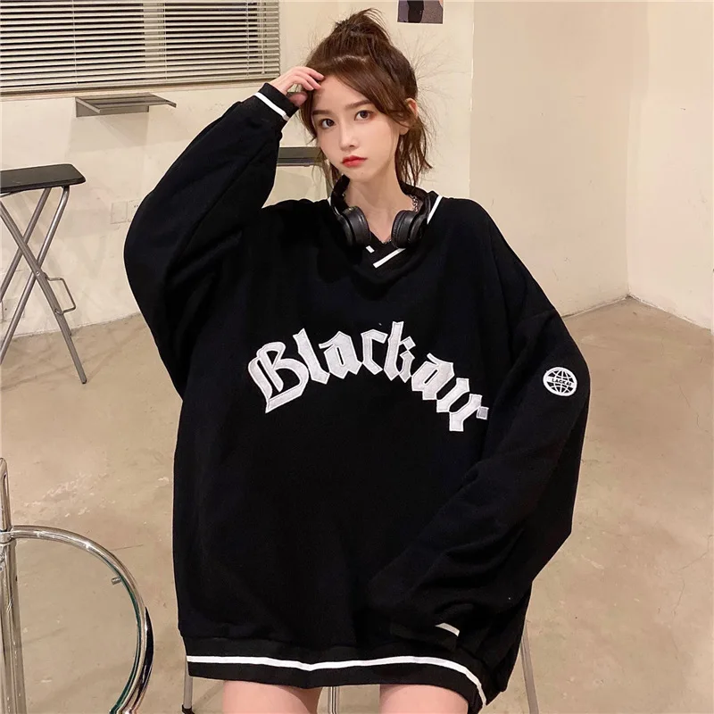 

Oversized Hoodies Preppy Style Women V Neck Loose Thicked Sweatshirt Femme Letter Print Warm Casual Women's Long Sleeve Hoodies