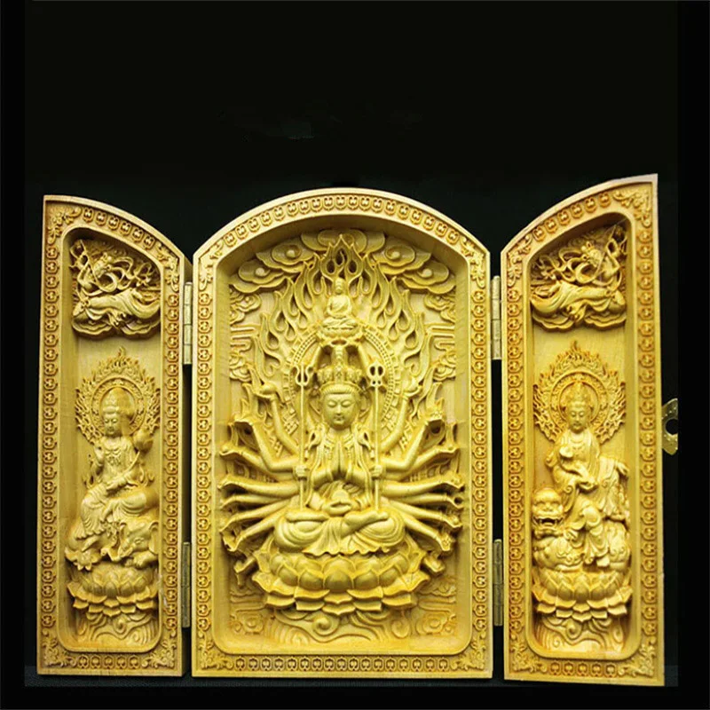 Китайский скульптура Будды статуя чистый резьба по дереву 3 открытых складной