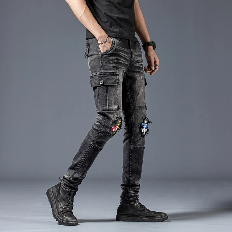 

Брюки мужские рваные из денима, повседневные брюки в байкерском стиле, Продвинутые тактические, много карманов, черные, 2021