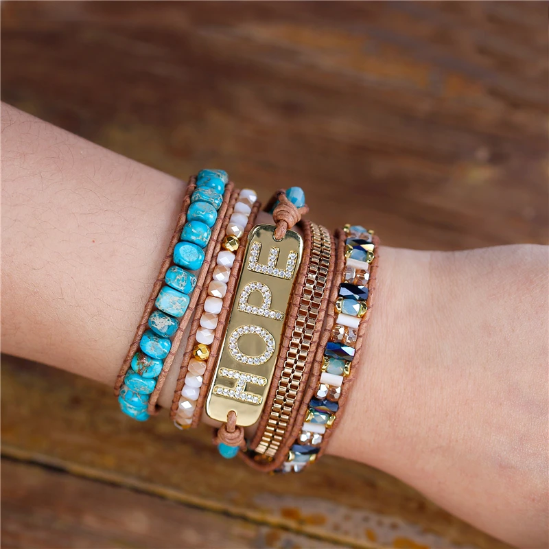 

YueTong Natural Stone Beaded Wrap Bracelet Boho Hope Charm Leather Bracelet Yoga 5 times Statement Bracelet Art Jewelry Dropship