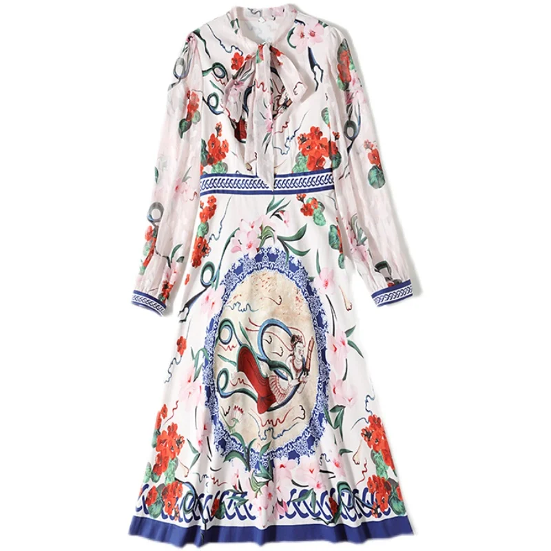 

2021 Runway Flora Dress Women Long Sleeve Bow up Flowers Print Holiday Dress Elegant Designer