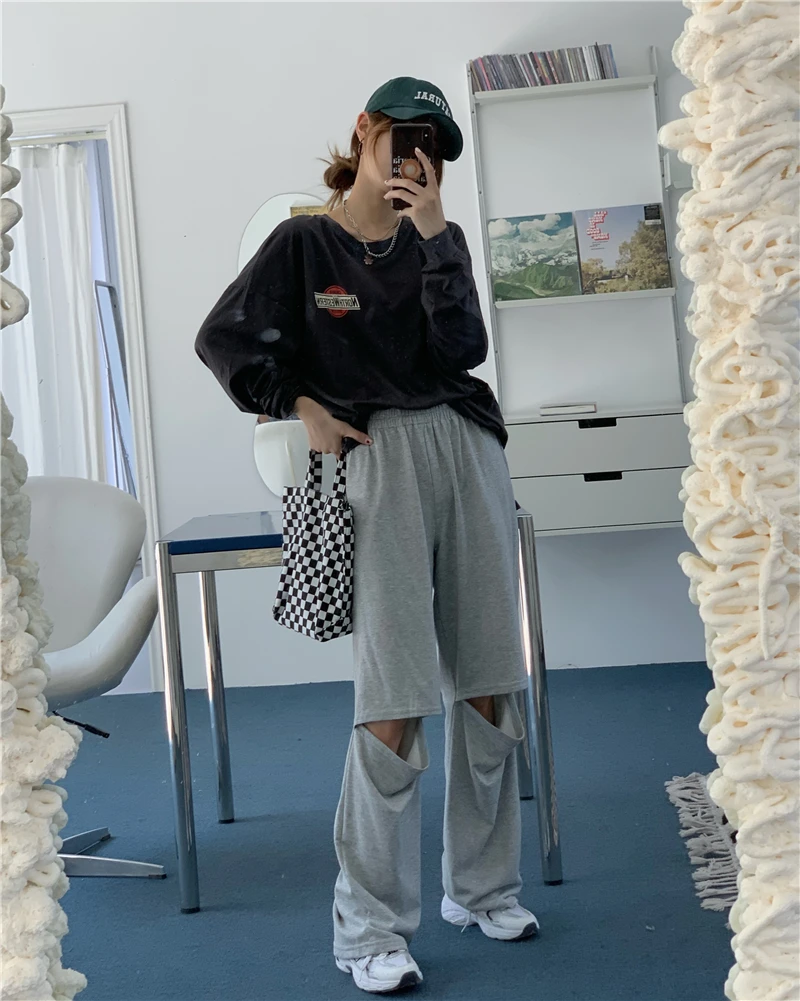 

3Colors Korean Trousers Women 2021 Summer Loose Ripped Straight Pants Casual Pants Female Wide Leg Pants womens (K925