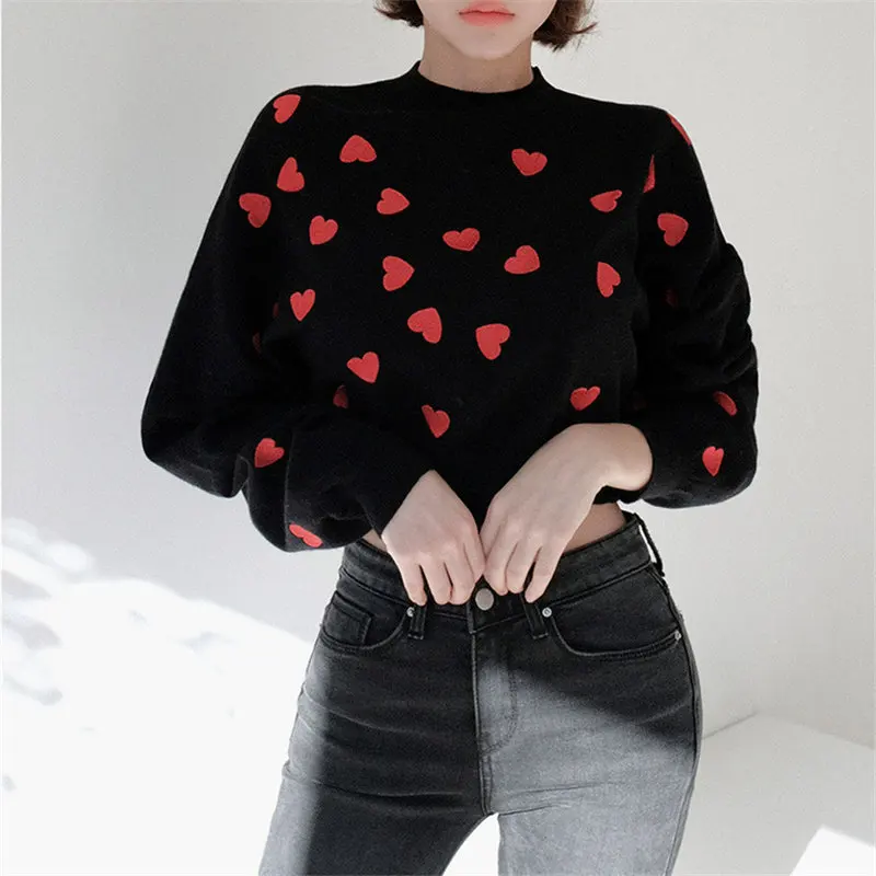 Милые Универсальные женские пуловеры Alien Kitty с вышивкой и сердечками приталенные