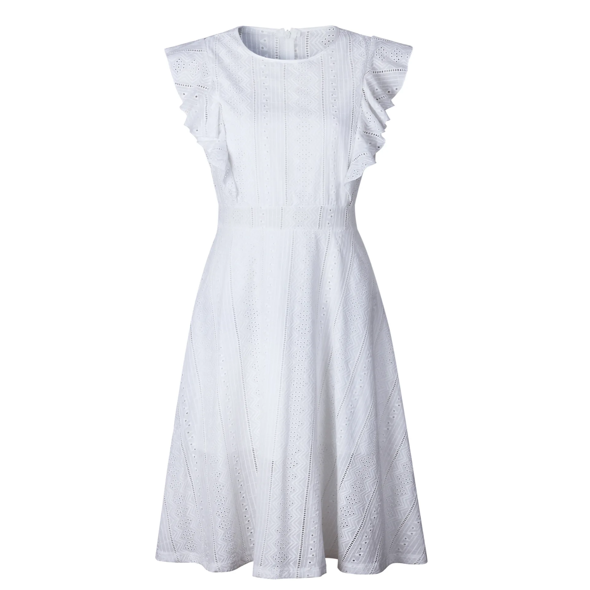 

Ladies Summer Ruffled Zipper Dress Round Neck Lace Dress Sexy Dress Women Dress Knee-Length Pleated Dress Office Lady Dress