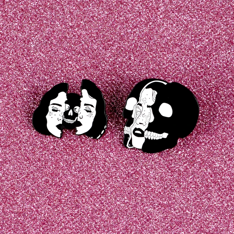 XEDZ skull mask girl enamel pin black and white gothic badge scary spot female personality punk jewelry button metal brooch | Украшения и
