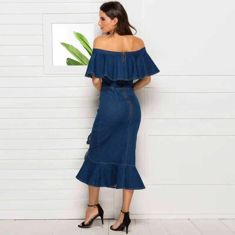 

Sexy Women Strapless Ruffles Bodycon Denim Maxi Dress Elegant Jeans Casual Dress