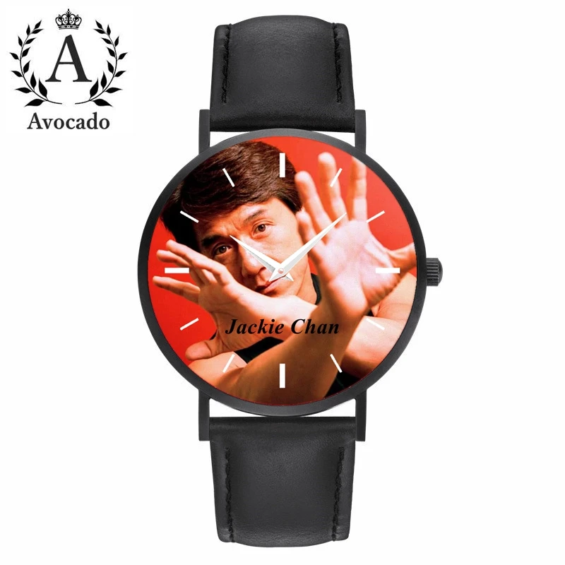 

Новые Полностью черные кожаные часы знаменитости кунг-фу Джеки Чан модный индивидуальный подарок