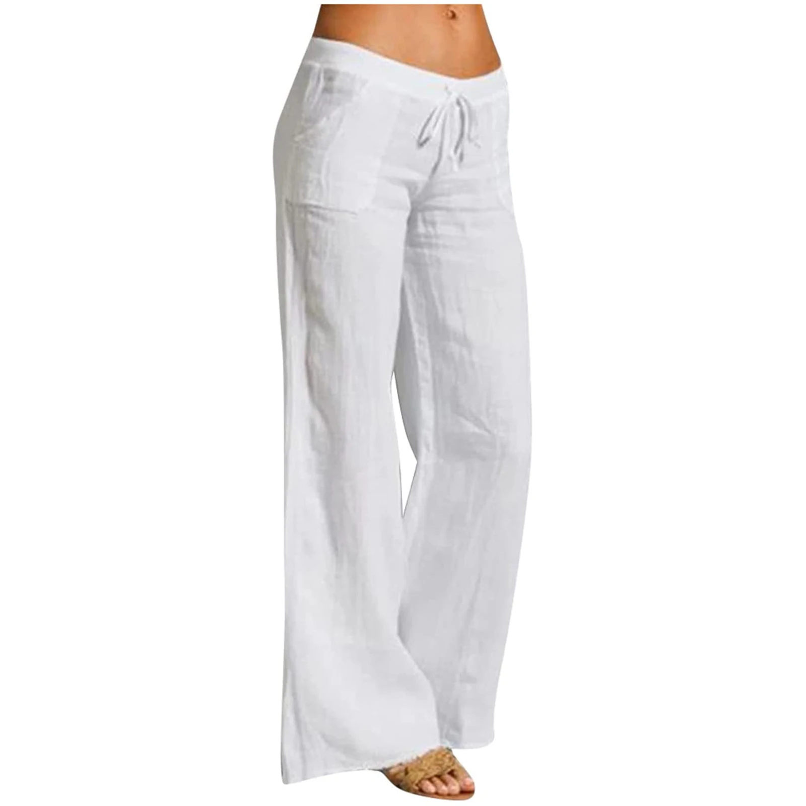 

New Women's Simple Style Wide Leg Pants Solid Color Elastic High Waist Cotton Hemp Pocket Lace Up Casual Pants