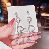 korean sweet pearl hollow heart drop earrings for women fashion crystal charm long white color big heart stud earrings jewelry