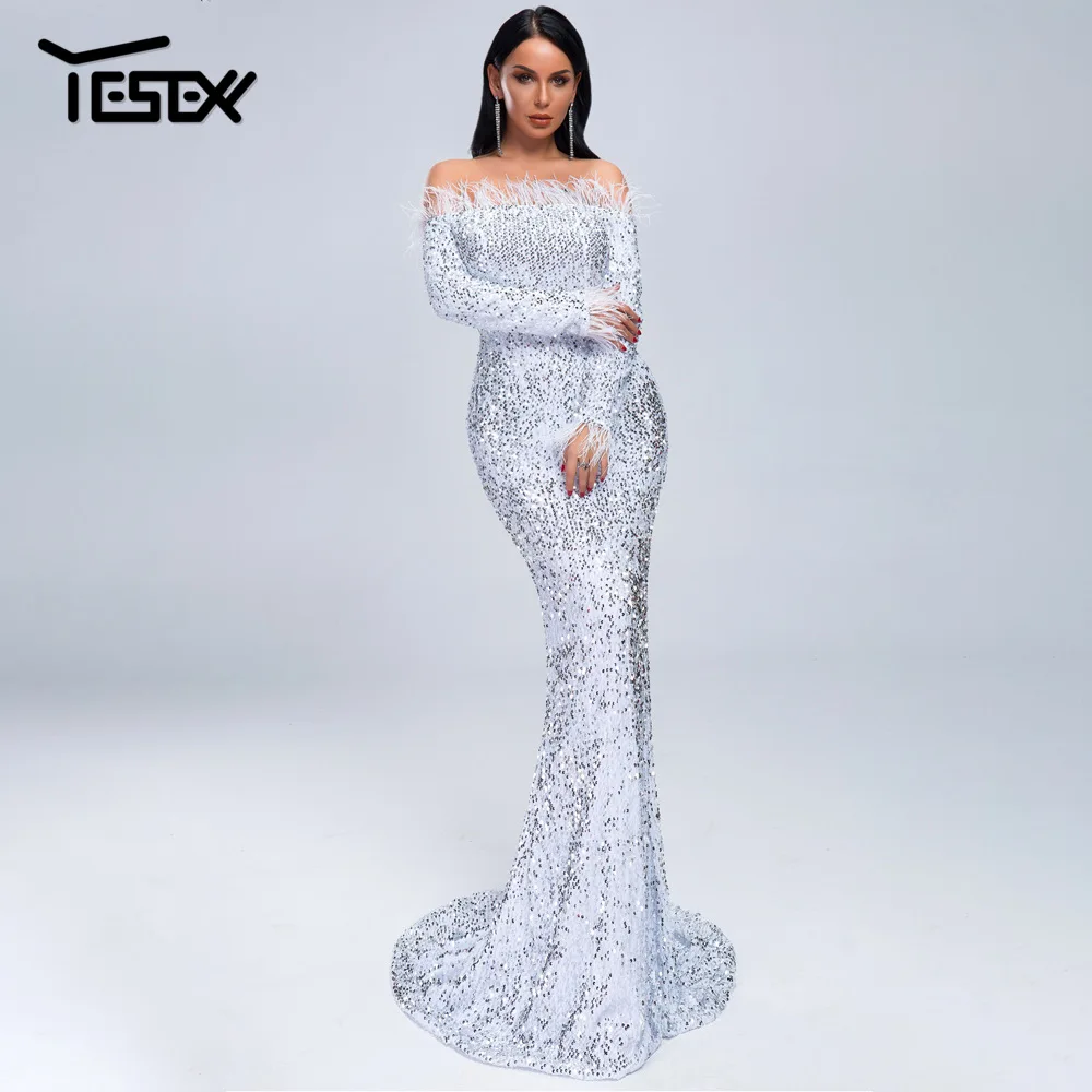 Yesexy 2021 женское сексуальное длинное платье с открытыми плечами перьями длинными