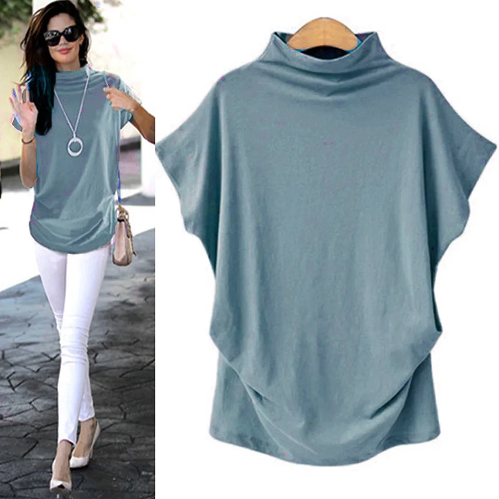 Женская Повседневная водолазка с коротким рукавом хлопковая однотонная рубашка