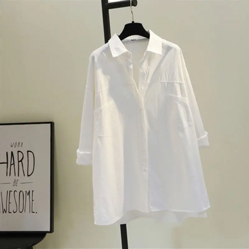 

Women's Spring Solid Color Cotton Sunscreen Shirt Casual Long Sleeve Blouse Top Blusa Outwear