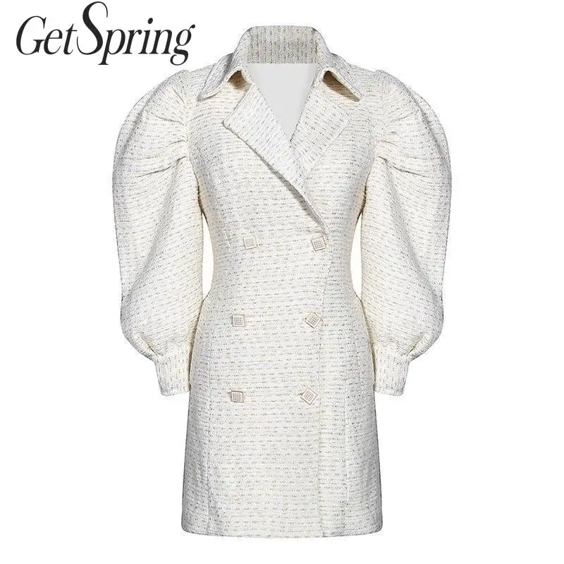 Женское шерстяное пальто GetSpring двубортное твидовое с рукавами-фонариками