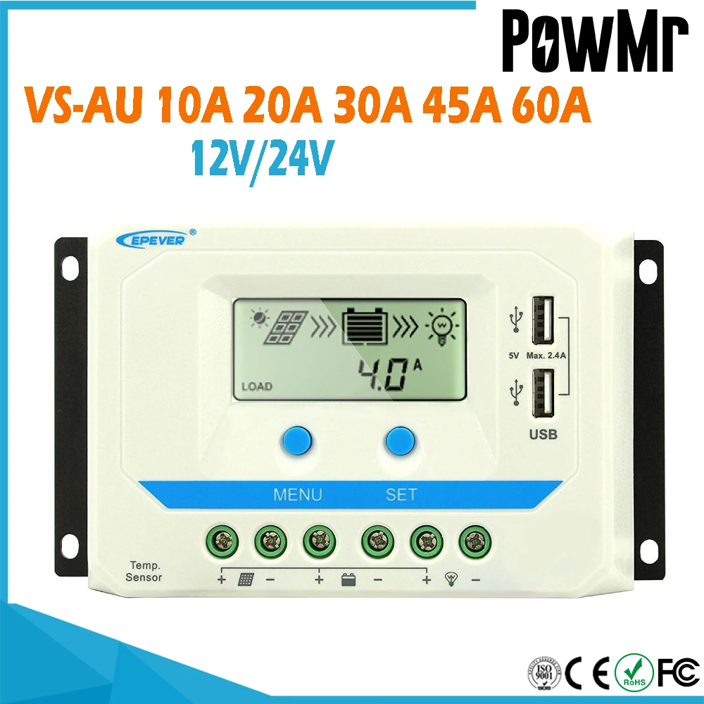 PowMr PWM регулятором солнечного Зарядное устройство контроллера 60A 45A 30A 20A 10A 12V 24V