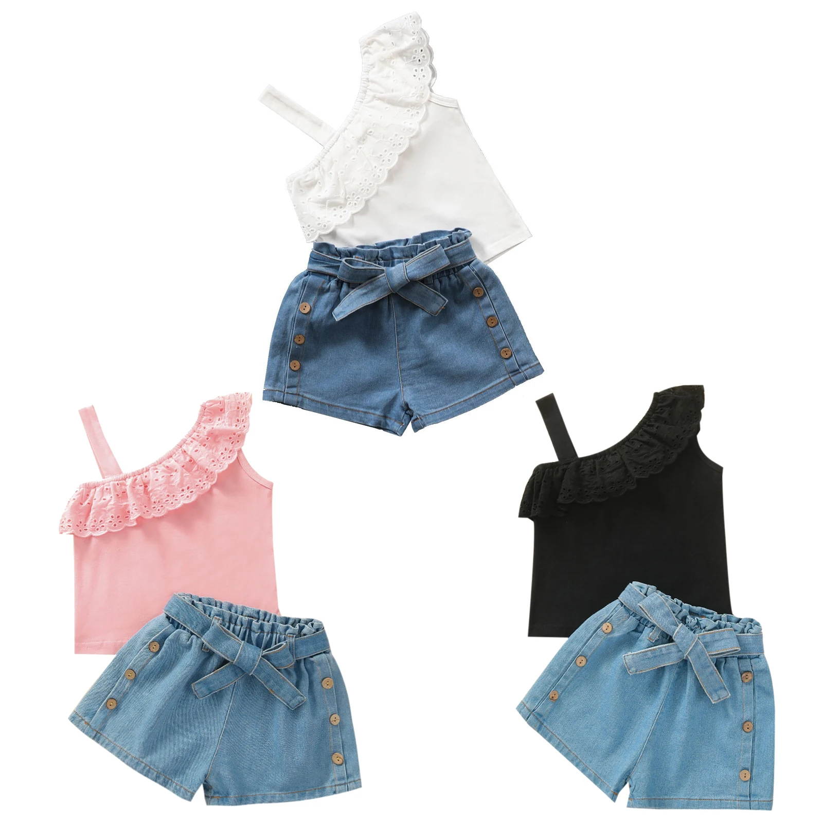 

Baby Girls Summer Clothes Casual Outfit Sleeveless Single Shoulder Strap Ruffle Neck Tops with Bowknot Buttoned Denim Shorts Set