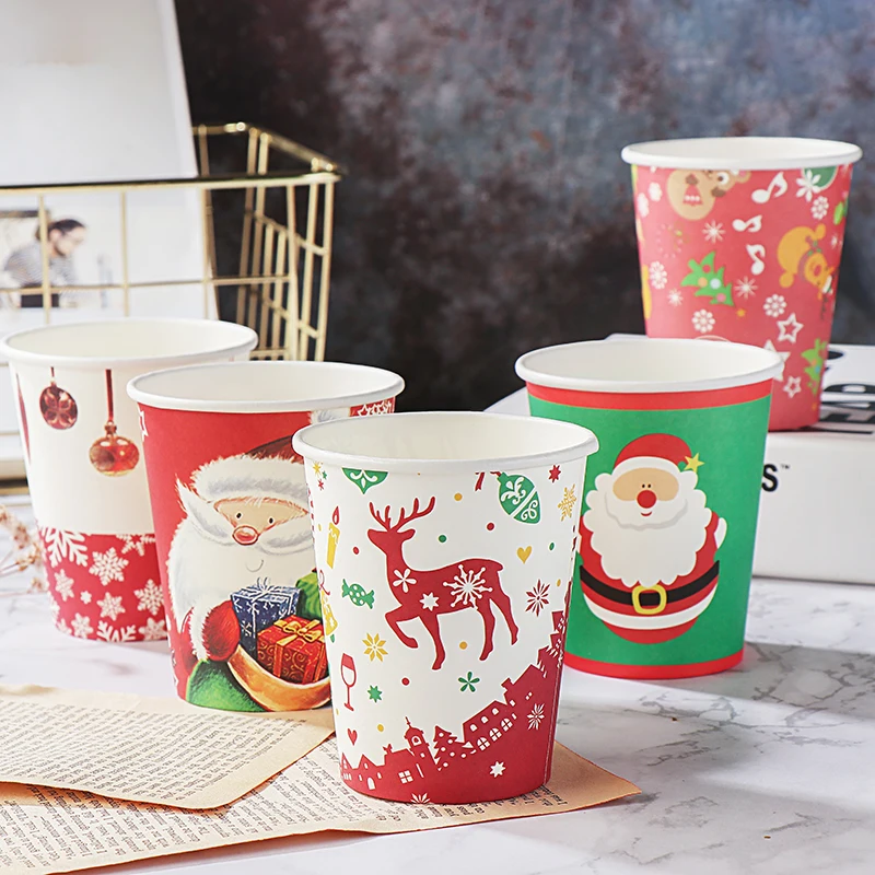 

50pcs Net Red Christmas Party Paper Cup 250ml Milk Tea Coffee Juice Water Drinking Cups Santa Elk Bell Creative Dessert Cups