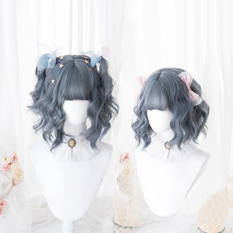 Серый синий парик Лолита Харадзюку Косплей челка кудрявые короткие сладкие