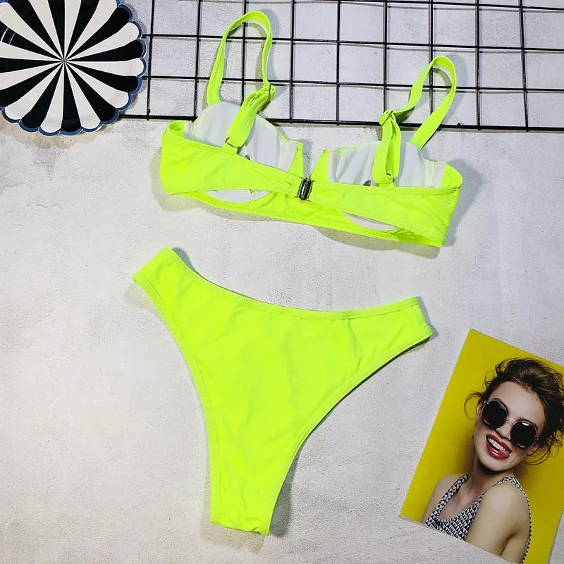

Sexy None Green Bikini Push Up Swimsuit Female Swimwear Women V Neck Bikini set High Leg Cut Bather Bathing Suit Swim Wear 5220