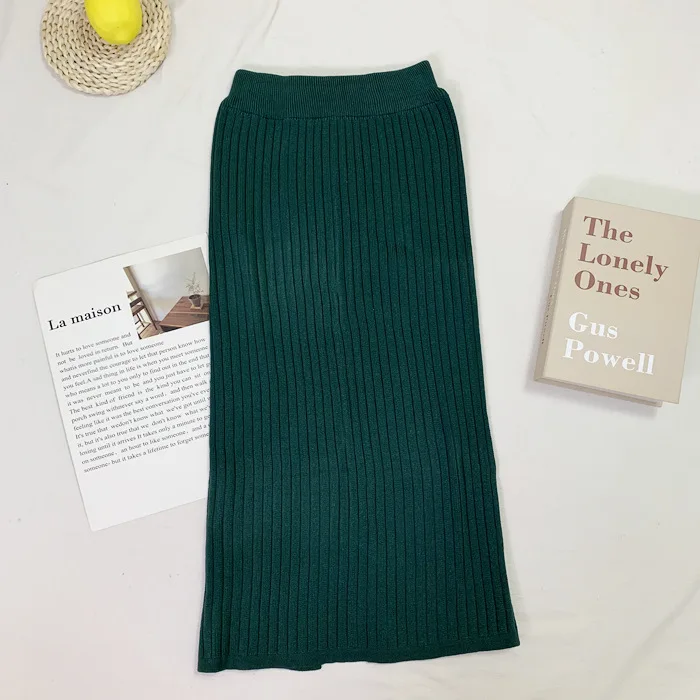 green TMWEVN тонкая трикотажная юбка с высокой талией Faldas Mujer Moda Зимняя юбка - Цвет: green