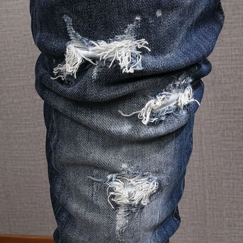 European Vintage Fashion Men Jeans Retro Dark Blue Slim Destroyed Ripped Jeans Men Painted Patchwork Designer Denim Punk Pants