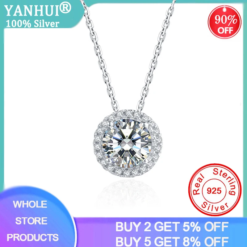 

YANHUI Silver 925 Necklace Clear Cubic Zircon Silver 925 Jewelry Collier Women Bridal Engagement Round Pendant With Chain DZ103