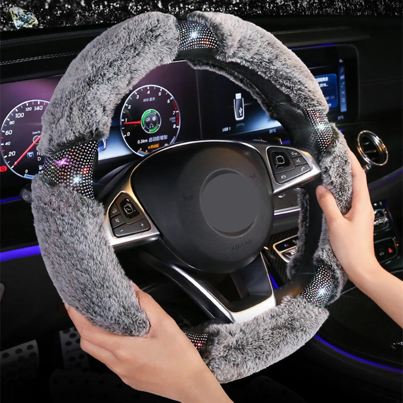 

Winter Warm Car Steering Wheel Cover Comfortable Plush Rhinestone Wheel Cover Funda Volante Coche Car Accessories For Girls