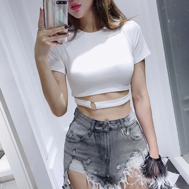 Женская футболка с коротким рукавом черная однотонная тонкая водолазка открытым