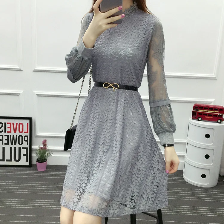 Hollow Out White Dress Sexy Women Mid Chiffon Criss Cross Lantern sleeve O-Neck Long Sleeve Crochet Lace Black BG66 | Женская одежда