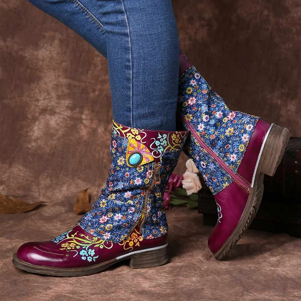 SOCOFY/Высококачественные ботинки в стиле ретро; Zapatillas; кожа; маленький цветочный узор; обувь на плоской подошве с прострочкой на молнии; женская обувь;