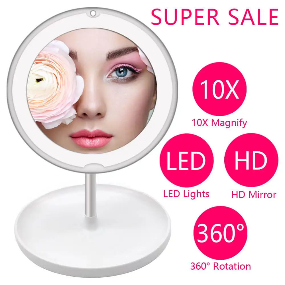 

10X Magnifying LED Light Makeup Mirror Lamp Magnifier Battery Portable Hand Vanity Glass Make Up Mini Cosmetic Suction Cup Tool