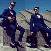 3 pieces plaid men suits modern navy custom made handsome men suits double breasted cotton formal business coatpantvest