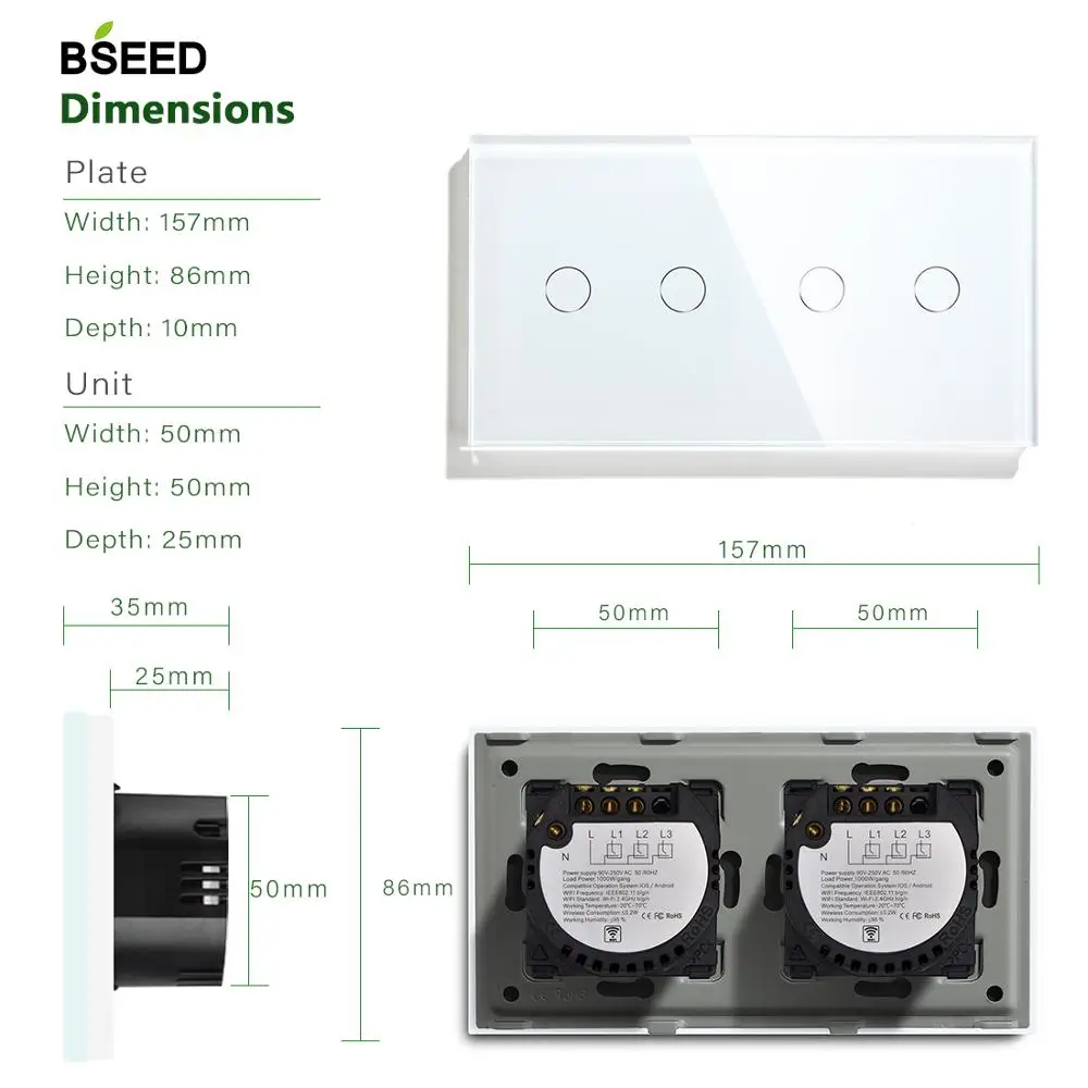 Bseed Smart 4 банды Wi Fi Управление сенсорный выключатель работать с Tuya 157 мм светильник