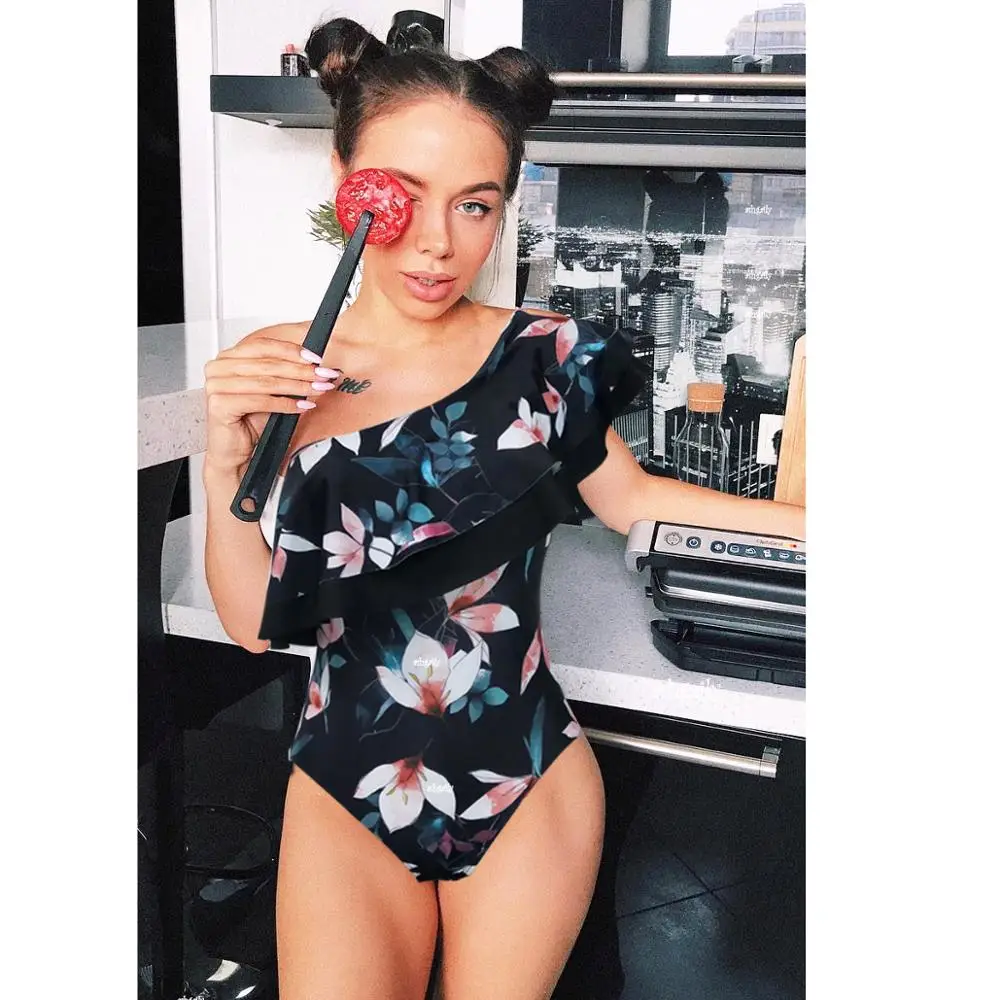 

2020 Print Floral One Piece Swimsuit Women Padded Swimwear Bandage Cut Out Mnokini Bathing Suit Plus Size Swimwear XL