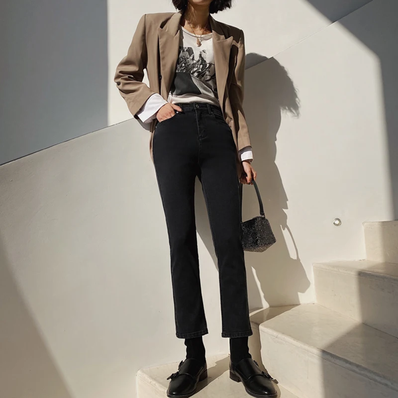 

Women White OL Ankle-Length Straight Jeans 2021 Spring Summer High Waist Elastic Elegant Denim Pants Mujer Pantalon New Fashion
