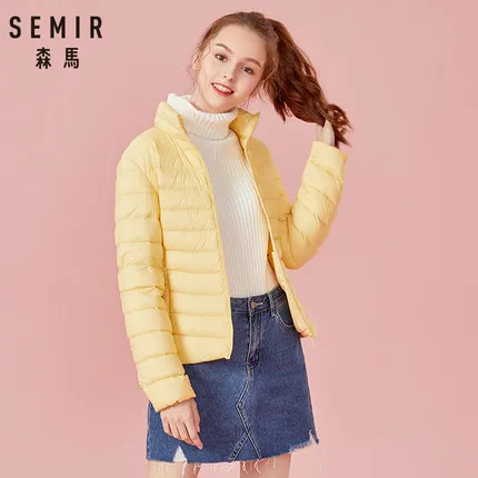 Shallow yellow SEMIR зимняя куртка, Женская хлопковая короткая куртка, новинка, пуховик с капюшоном, теплое осеннее приталенное пальто, женские повседневные топы - Цвет: Shallow yellow