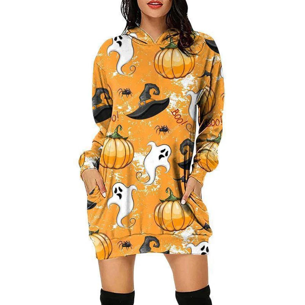 

Ladies Pumpkin Print Long Sleeve Dress Casual Party Halloween Mini Dresses New Dress for Women Fashion Casual Halloween Theme