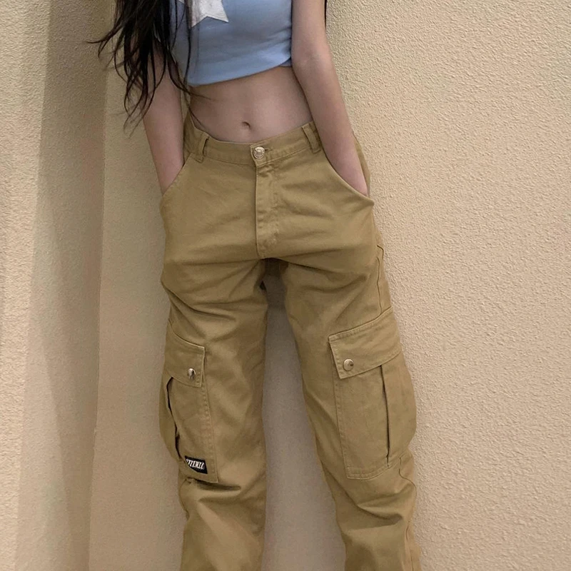 

WeiYao Khaki Solid Streetwear Cargo Pants Vintage 90s Wide Leg Mom Jeans Woman Low Waist Casual Loose Denim Trousers Harajuku