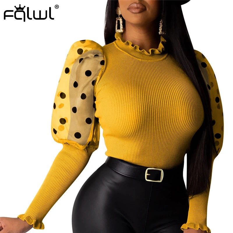 FQLWL оборки в горошек сетчатая трикотажная Сексуальная Блузка женская рубашка