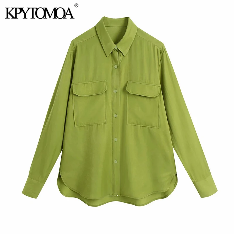 

KPYTOMOA Women 2021 Fashion With Pockets Oversized Asymmetric Blouses Vintage Long Sleeve Side Vents Female Shirts Chic Tops