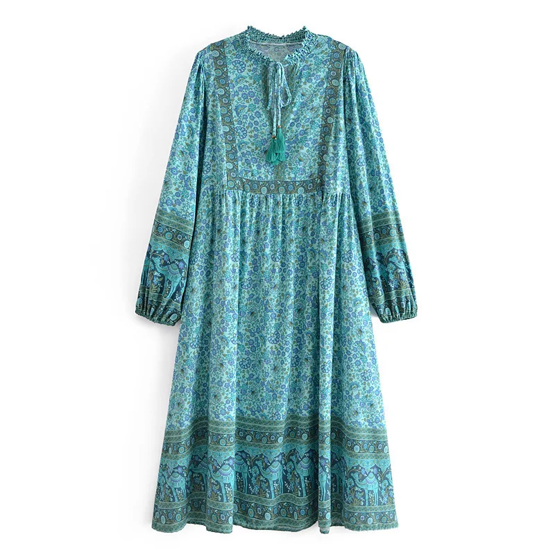 

New Women's Cotton Watermark Positioning Floral Tassel Long-sleeved Dress Chinese Retro Grand Swing Skirt Long Skirt DLQZ924