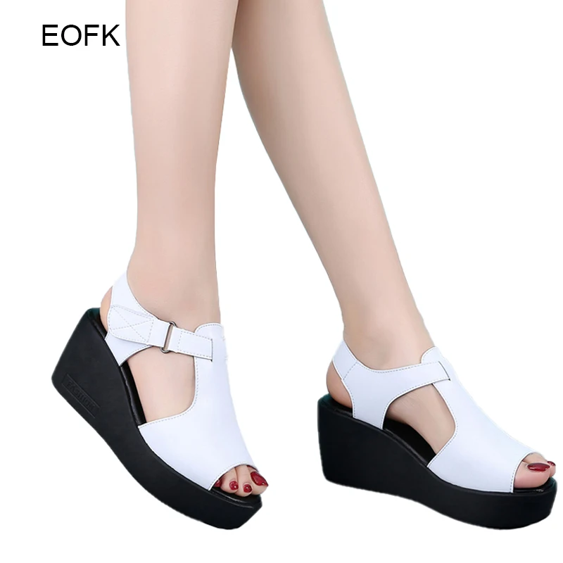 

EOFK Women Wedges Sandals Summer Split Leather 7CM Height Increasing Peep Toe T- Tied High Quality Breathable Ladies Sandal