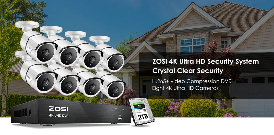 ZOSI 4K 8CH Ultra HD CCTV камера системы H.265+ DVR комплект с 2 ТБ HDD 8 шт. 8MP TVI наружная домашняя система видеонаблюдения