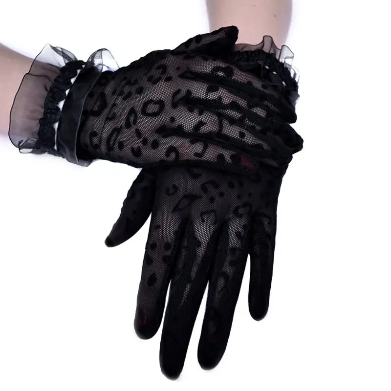 

Women Summer Mesh Fishnet Leopard Short Gloves Shiny Ruffles Trim Wrist Length Anti-UV Sunscreen Driving Wedding Mittens