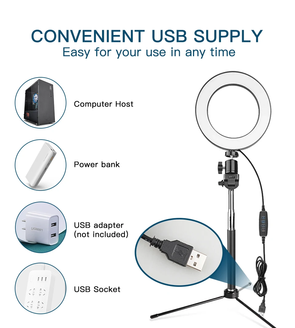 Кольцевой светильник студийный портативный диаметром 6 дюймов со штативом и