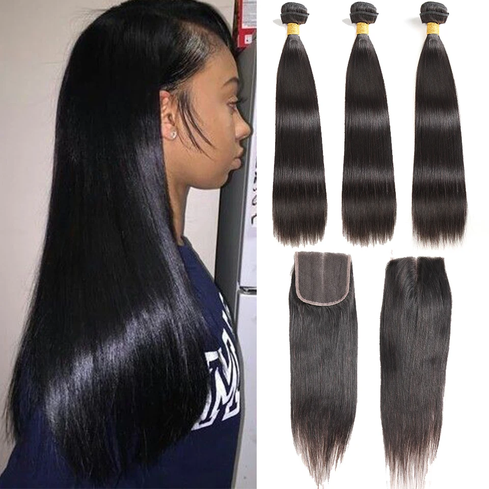 Малазийские прямые волосы человеческие 3 переплетения пучки с закрытием не