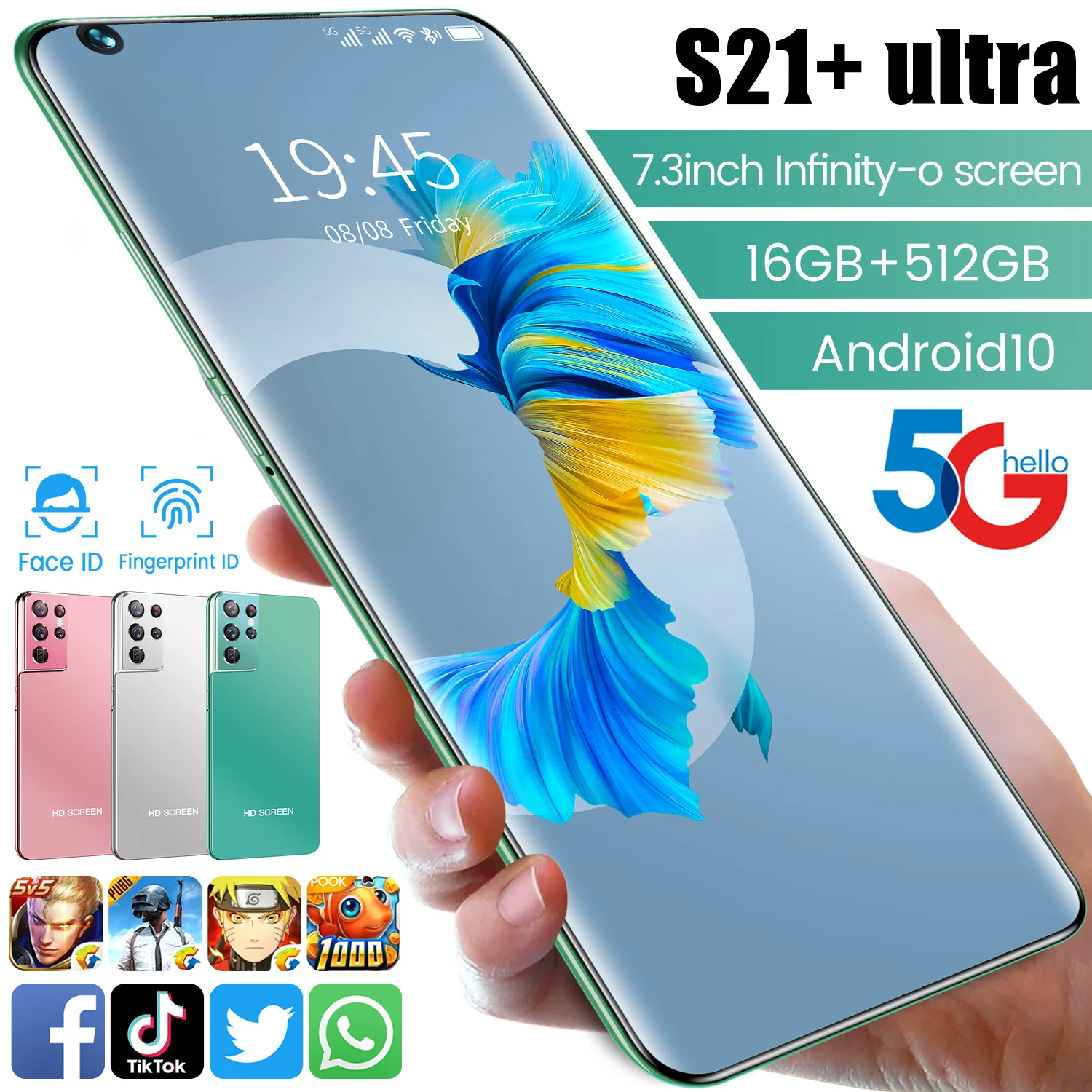 

2021 Hot Sale S21Ultra 12+512GB Andriod Smart Phone 10 Core 7.3 Inch Fingerprint Unlock 6800mAh 24+48MP Mobile Cell Phone Green