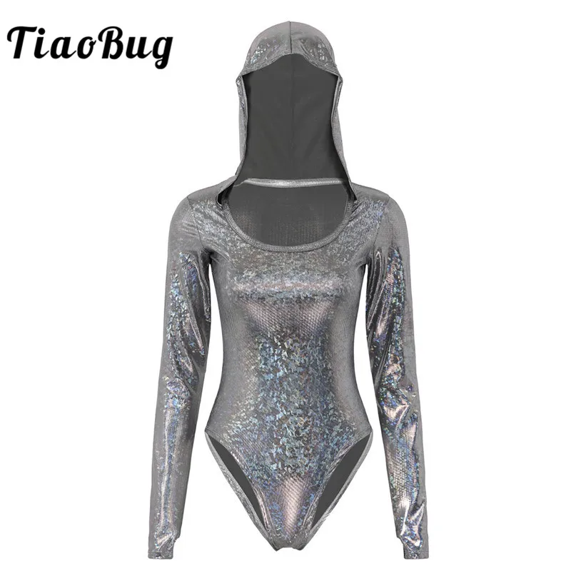 Женская голографическая блестящая металлическая с длинным рукавом комбинезон