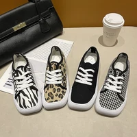 korean summer 2021 new leopard print canvas shoes women fashion sneakers square toe lace up casual shoes big toe shoes for woman